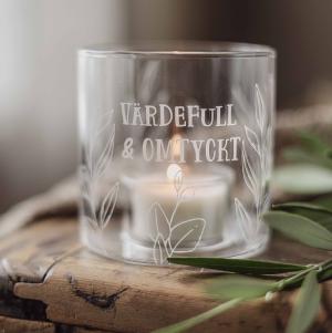 Ljuslykta Värdefull och Omtyckt (klarglas) - Majas lyktor/ Barncancerfonden