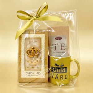 Presentset Guld Värd i cellofan (Chokladpraliner